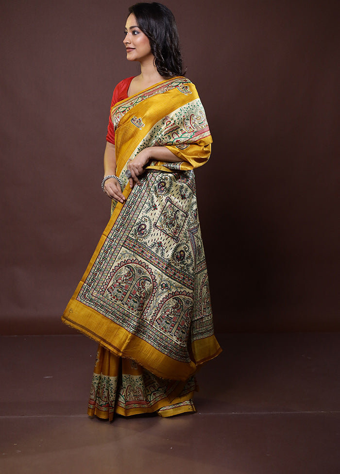 Yellow Printed Pure Silk Saree Without Blouse Piece