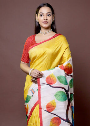 Yellow Printed Pure Silk Saree Without Blouse Piece