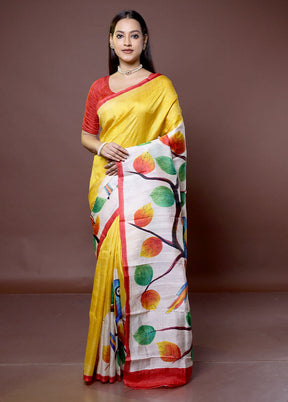 Yellow Printed Pure Silk Saree Without Blouse Piece