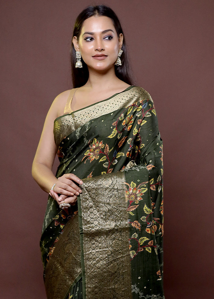 Green Chanderi Cotton Saree With Blouse Piece