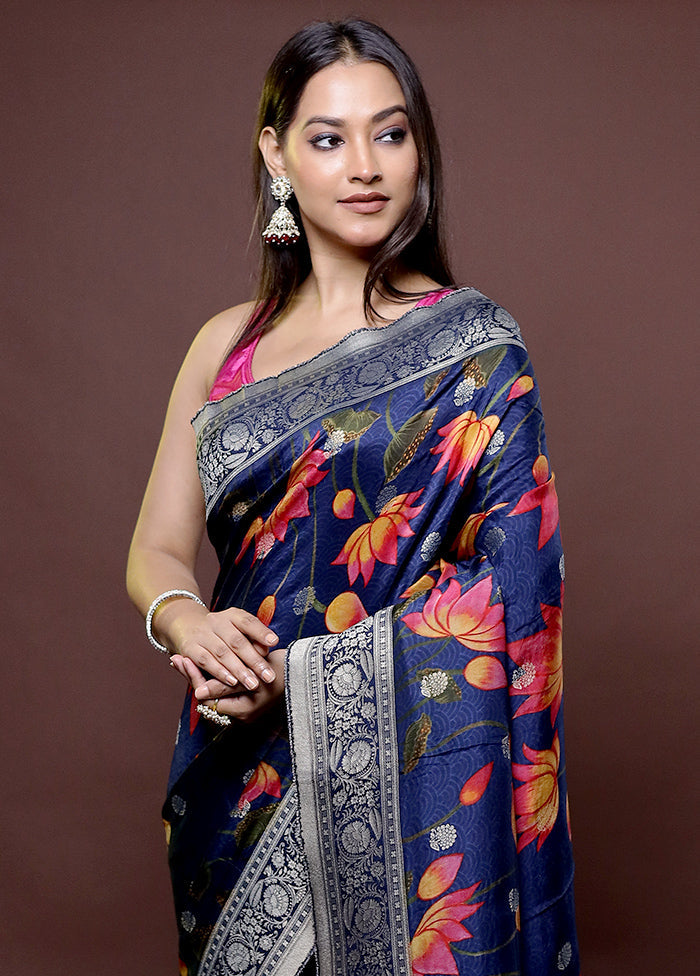 Blue Chanderi Cotton Saree With Blouse Piece