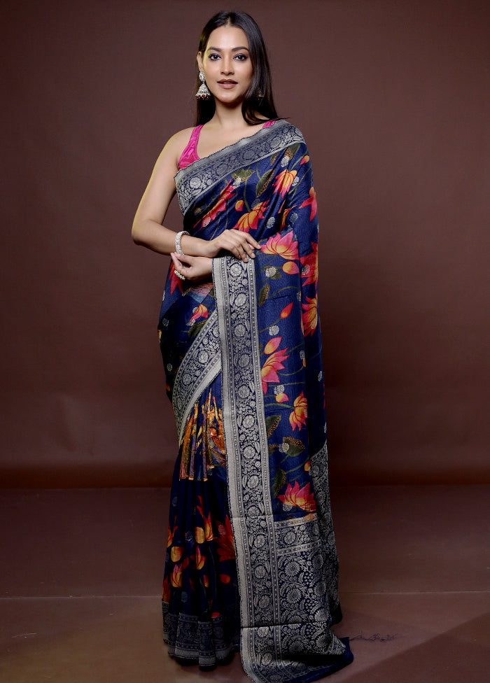 Blue Chanderi Cotton Saree With Blouse Piece