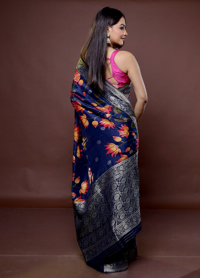 Blue Chanderi Cotton Saree With Blouse Piece