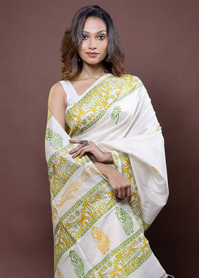 White Pure Bishnupuri Silk Saree Without Blouse Piece