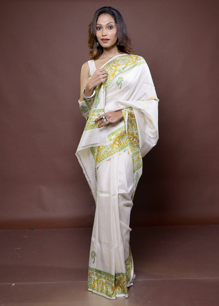 White Pure Bishnupuri Silk Saree Without Blouse Piece