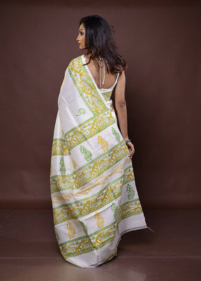 White Pure Bishnupuri Silk Saree Without Blouse Piece