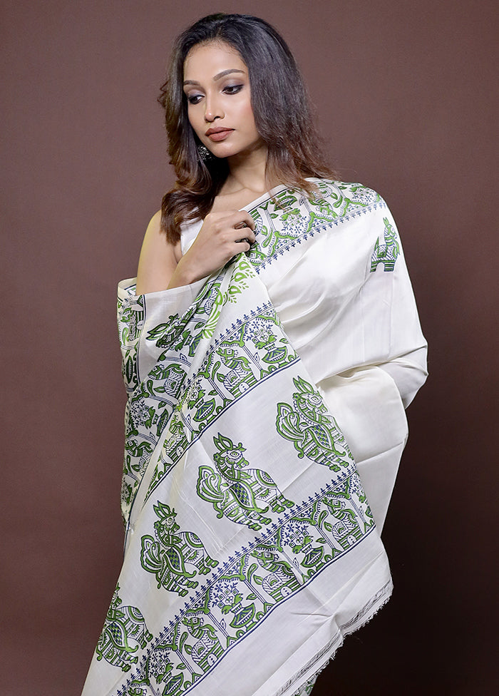 White Pure Bishnupuri Silk Saree Without Blouse Piece