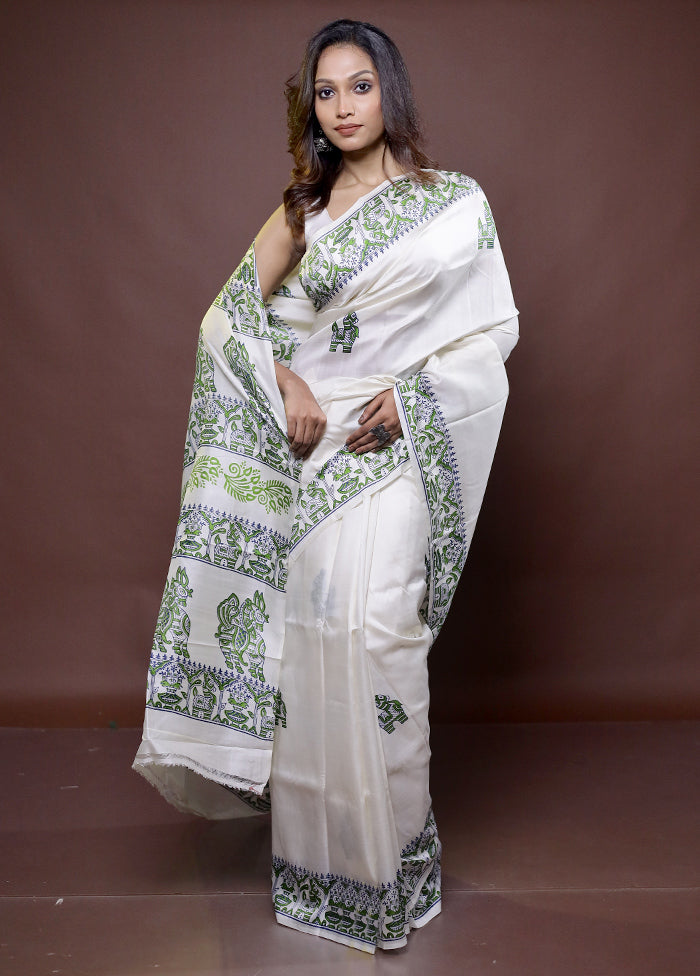 White Pure Bishnupuri Silk Saree Without Blouse Piece