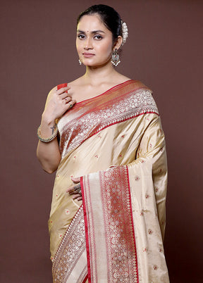 Cream Handloom Katan Pure Silk Saree With Blouse Piece