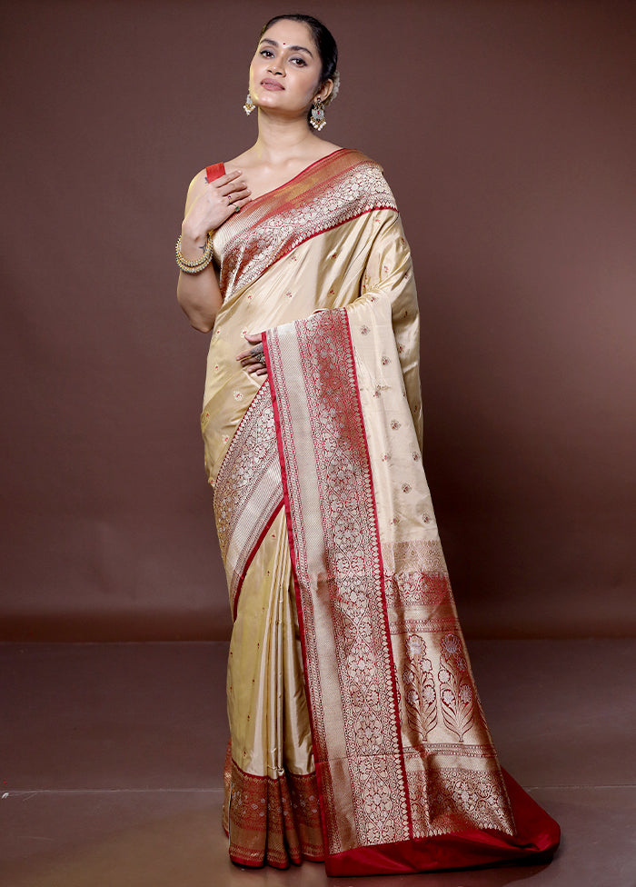 Cream Handloom Katan Pure Silk Saree With Blouse Piece