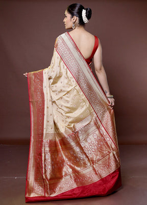 Cream Handloom Katan Pure Silk Saree With Blouse Piece