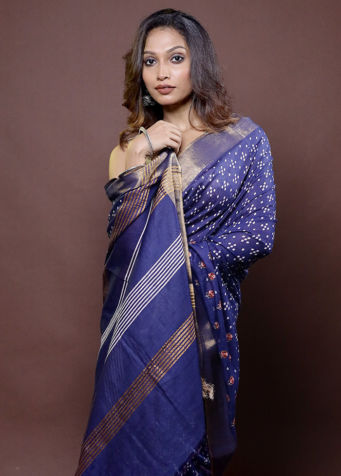 Blue Chanderi Cotton Saree With Blouse Piece