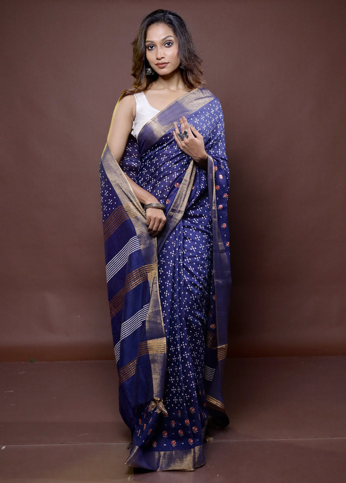 Blue Chanderi Cotton Saree With Blouse Piece