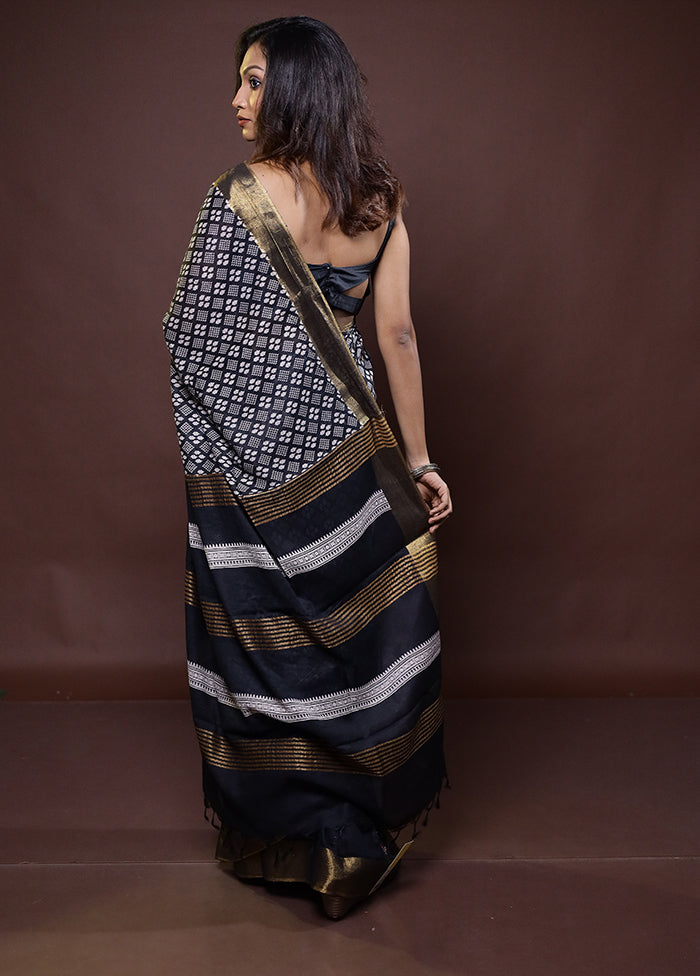 Black Chanderi Cotton Saree With Blouse Piece