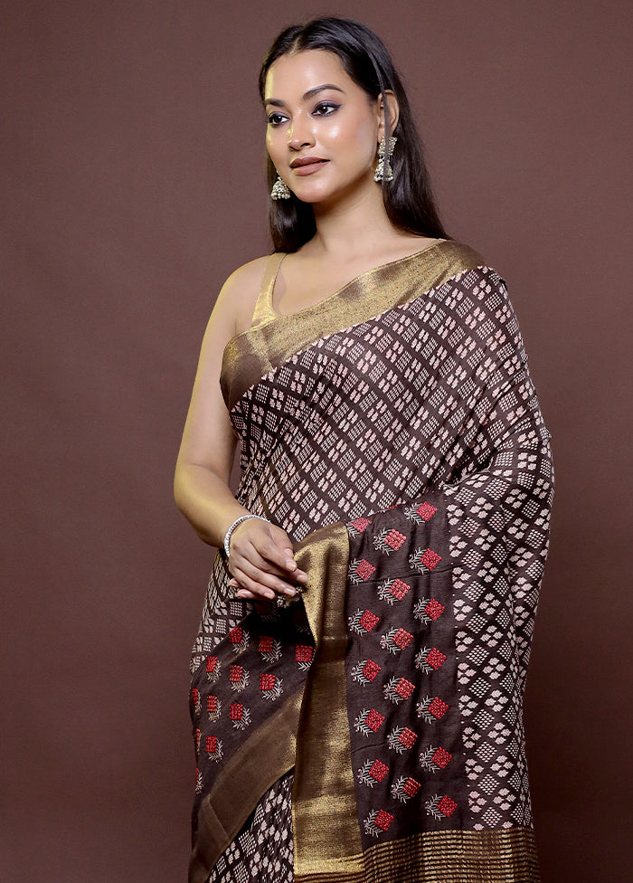 Brown Chanderi Cotton Saree With Blouse Piece