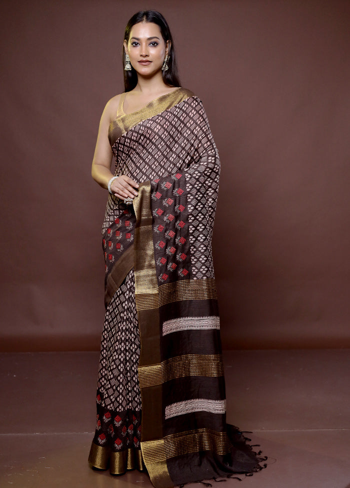 Brown Chanderi Cotton Saree With Blouse Piece