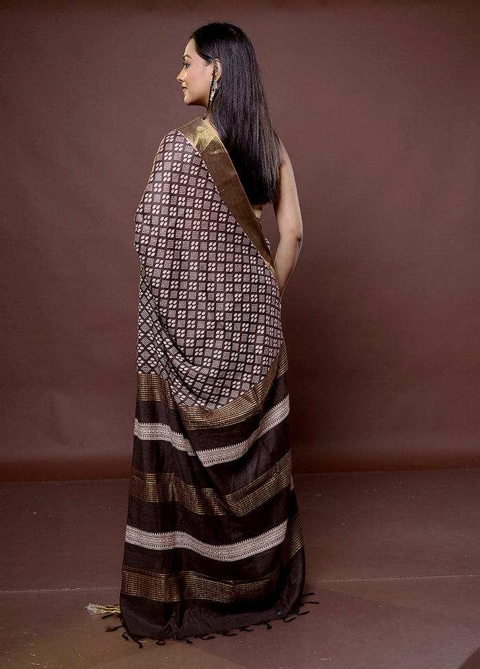 Brown Chanderi Cotton Saree With Blouse Piece