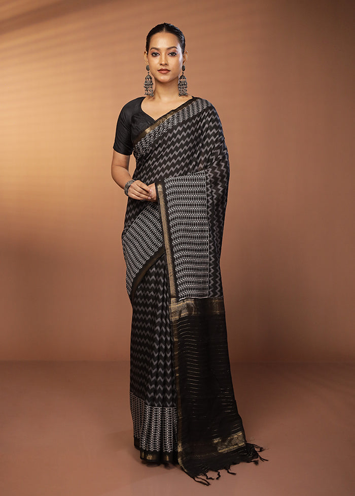 Black Chanderi Cotton Saree With Blouse Piece