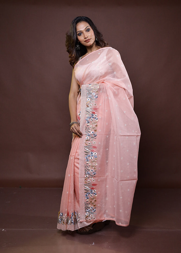 Peach Kota Cotton Saree With Blouse Piece