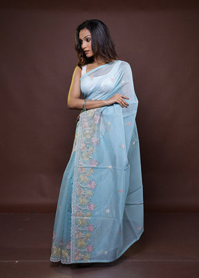 Blue Kota Cotton Saree With Blouse Piece