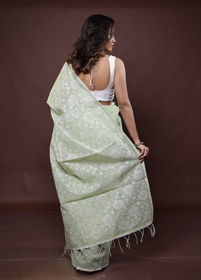 Green Kota Cotton Saree With Blouse Piece