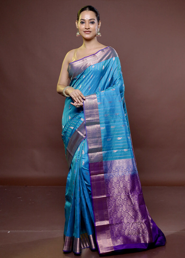 Blue Handloom Kanjivaram Pure Silk Saree With Blouse Piece