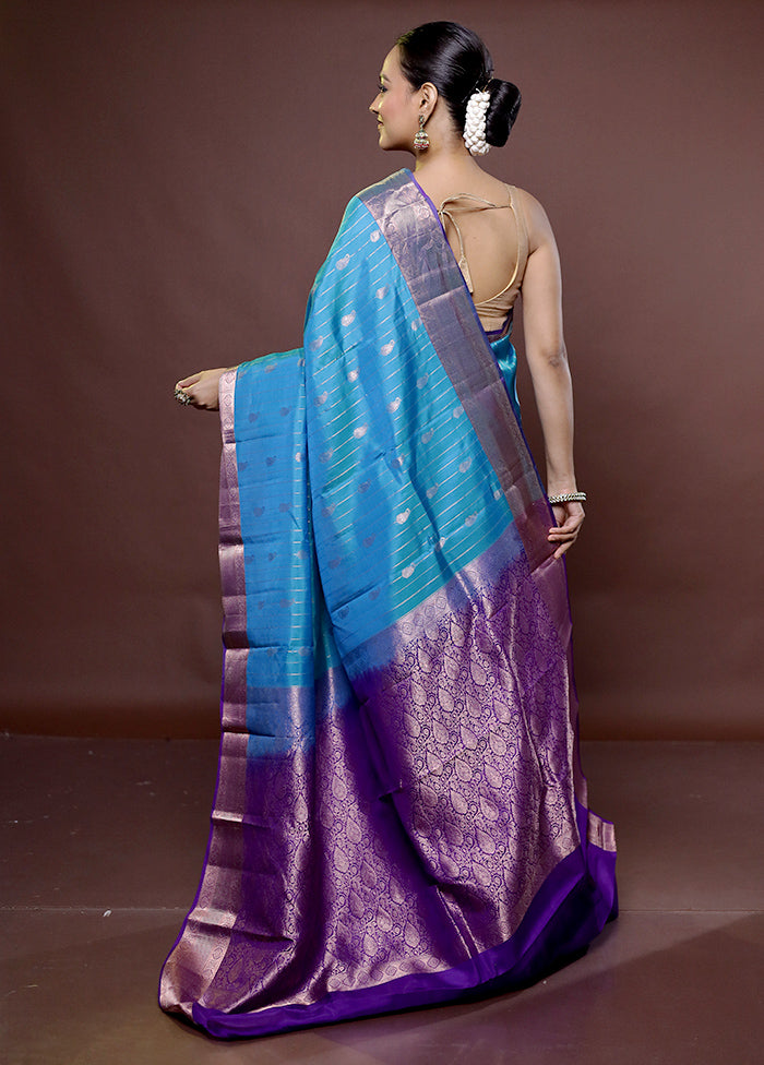 Blue Handloom Kanjivaram Pure Silk Saree With Blouse Piece