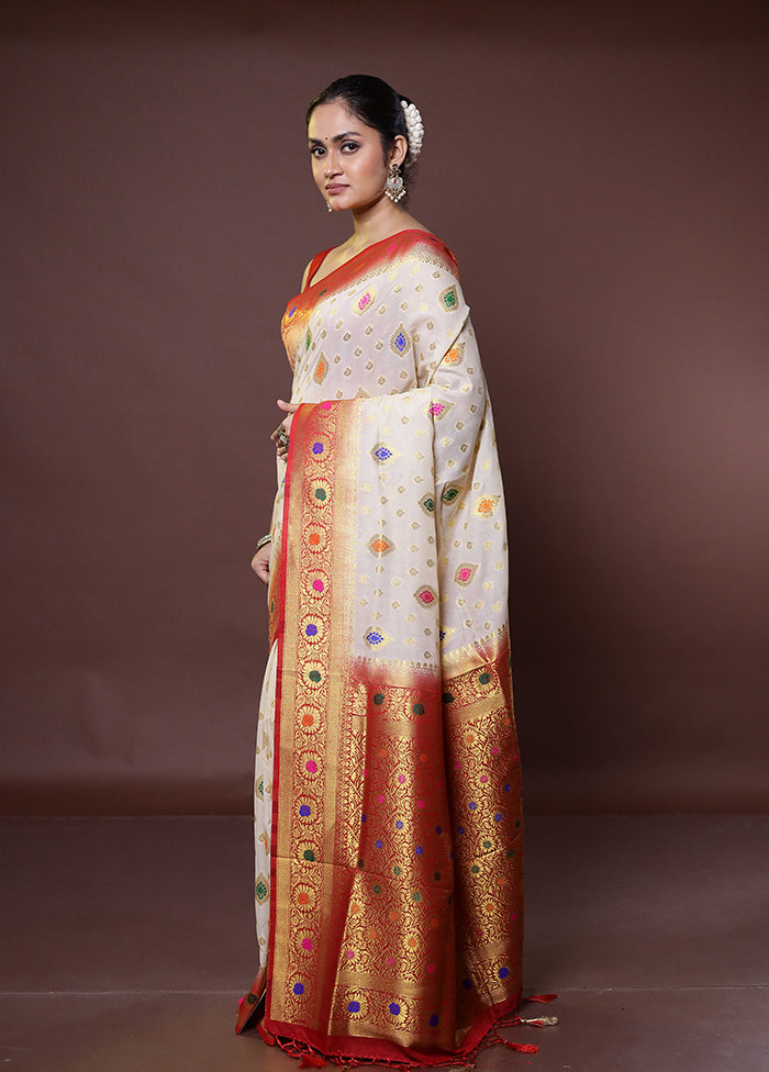 White Dupion Silk Saree With Blouse Piece