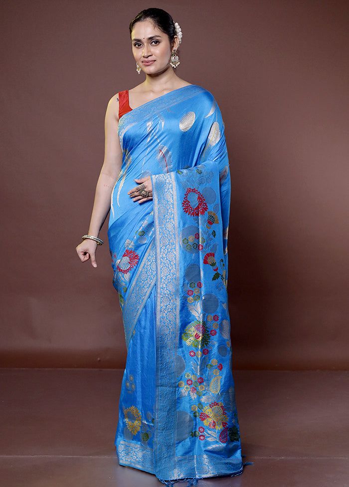 Blue Dupion Silk Saree With Blouse Piece