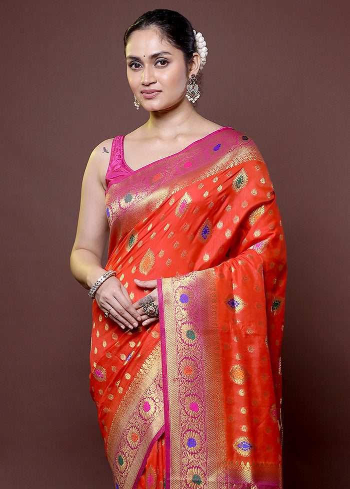 Rust Dupion Silk Saree With Blouse Piece