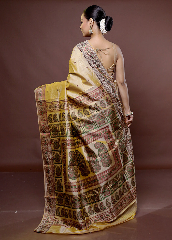 Cream Handloom Baluchari Pure Silk Saree With Blouse Piece