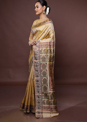 Cream Handloom Baluchari Pure Silk Saree With Blouse Piece