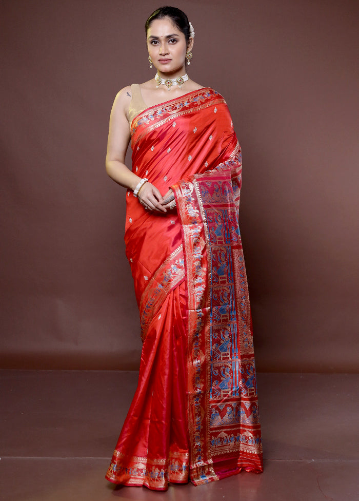 Red Handloom Baluchari Pure Silk Saree With Blouse Piece