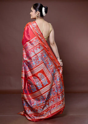 Red Handloom Baluchari Pure Silk Saree With Blouse Piece