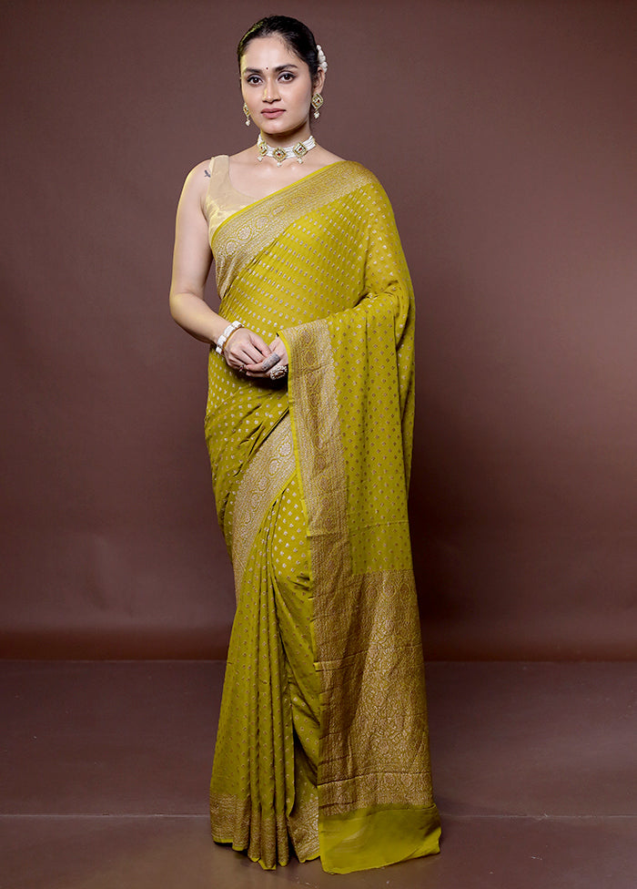 Green Handloom Pure Georgette Saree With Blouse Piece