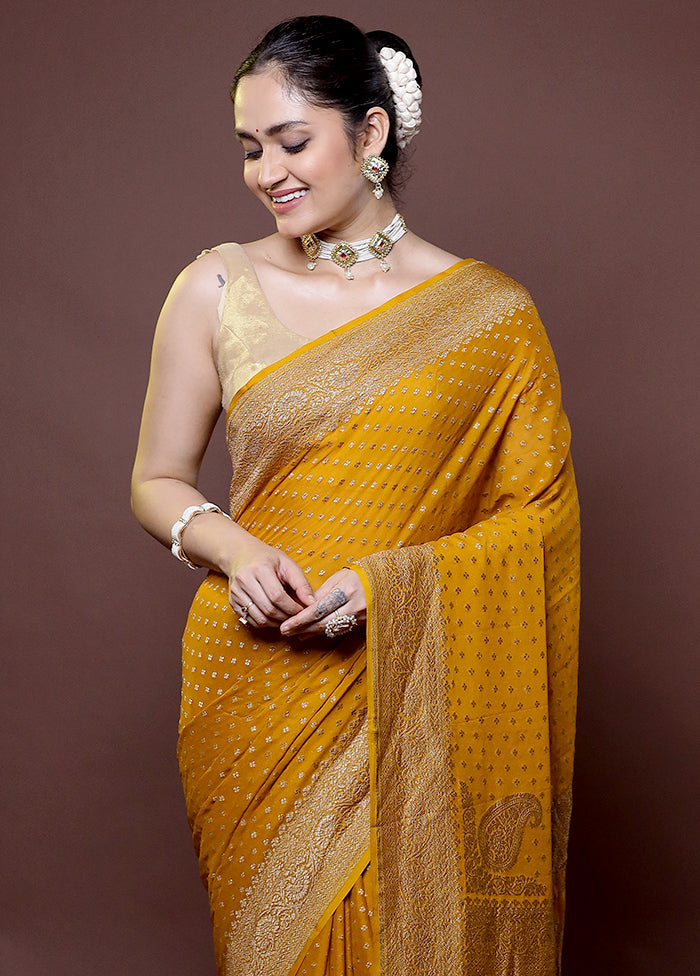 Yellow Handloom Pure Georgette Saree With Blouse Piece