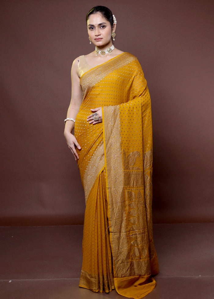 Yellow Handloom Pure Georgette Saree With Blouse Piece