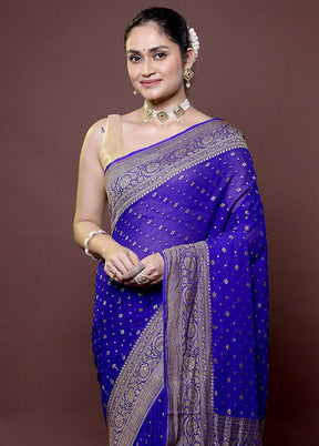 Blue Handloom Pure Georgette Saree With Blouse Piece