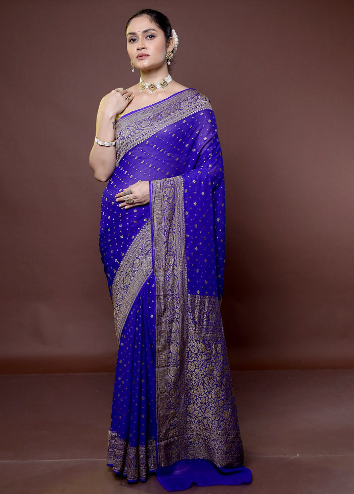 Blue Handloom Pure Georgette Saree With Blouse Piece