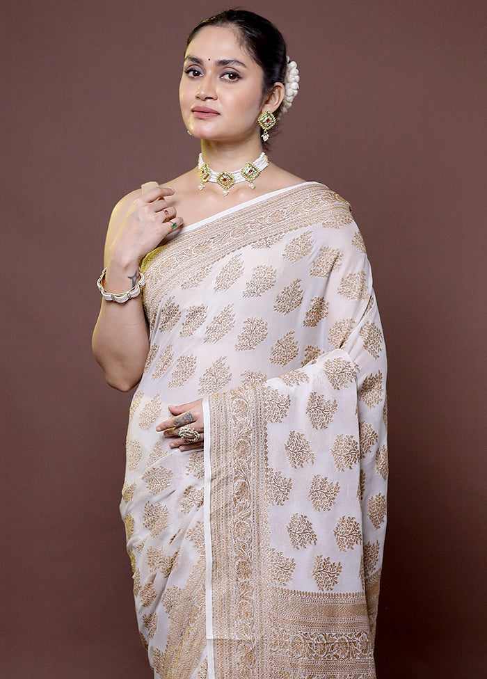 White Handloom Pure Georgette Saree With Blouse Piece