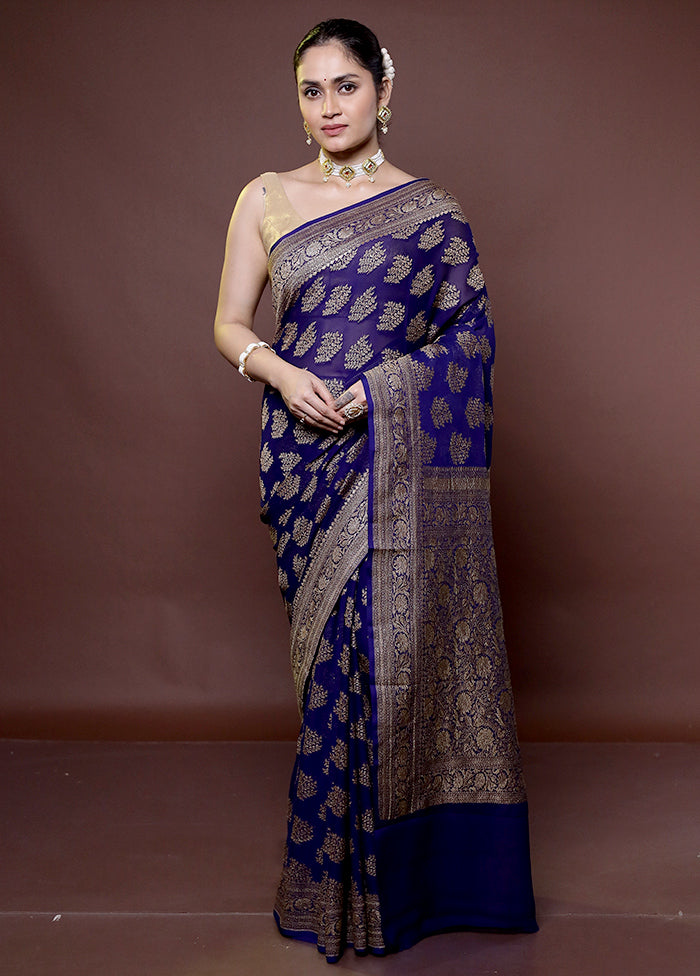 Blue Handloom Pure Georgette Saree With Blouse Piece