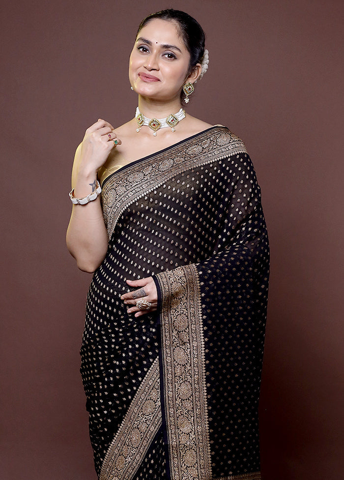 Black Handloom Pure Georgette Saree With Blouse Piece