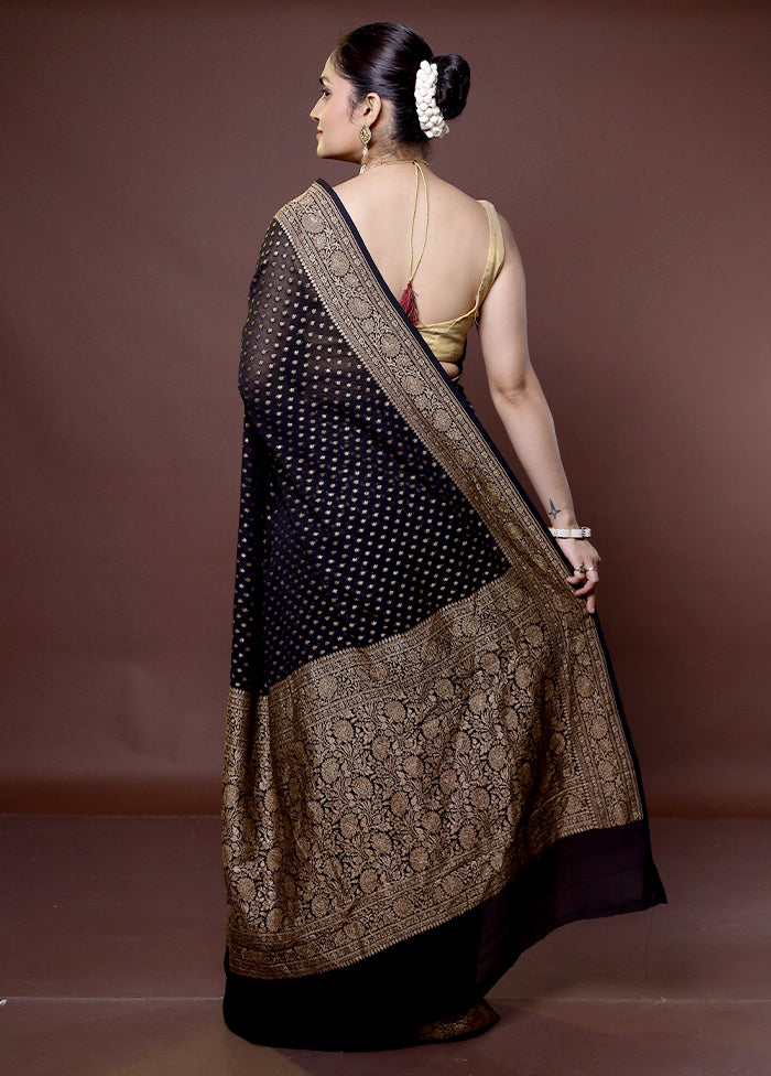 Black Handloom Pure Georgette Saree With Blouse Piece