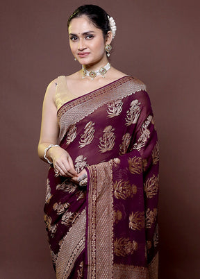 Purple Handloom Pure Georgette Saree With Blouse Piece