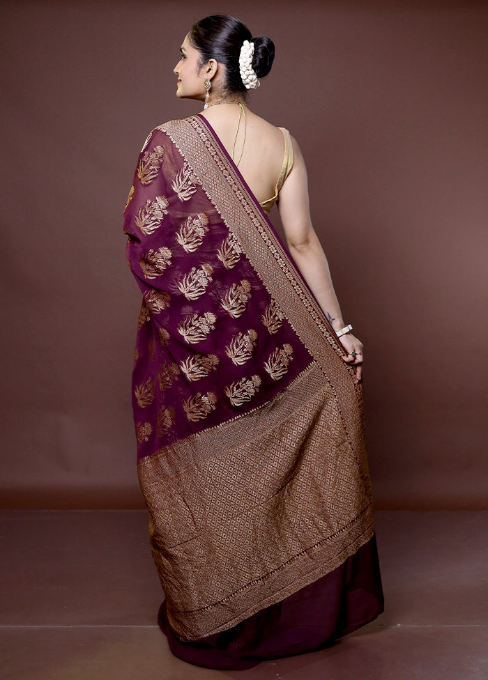 Purple Handloom Pure Georgette Saree With Blouse Piece