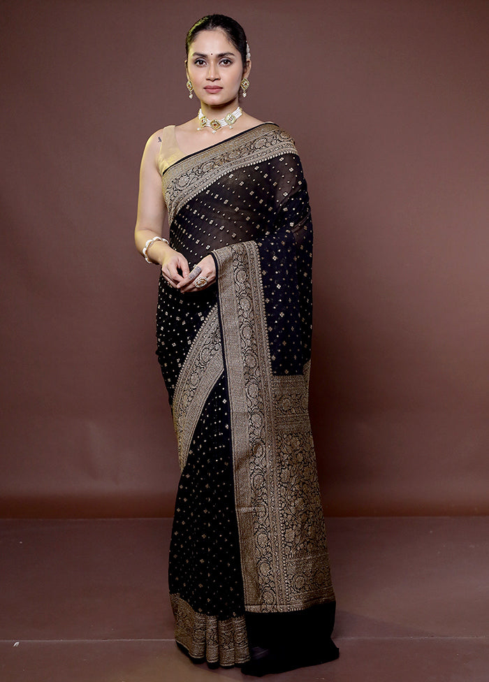 Black Handloom Pure Georgette Saree With Blouse Piece