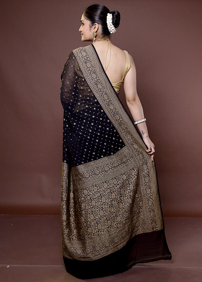 Black Handloom Pure Georgette Saree With Blouse Piece