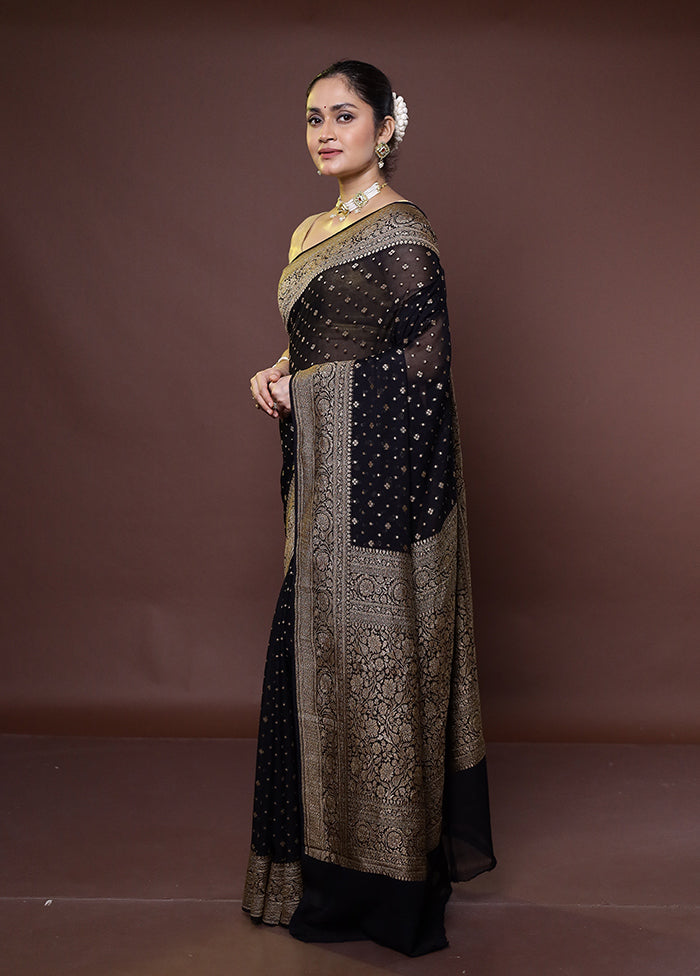 Black Handloom Pure Georgette Saree With Blouse Piece