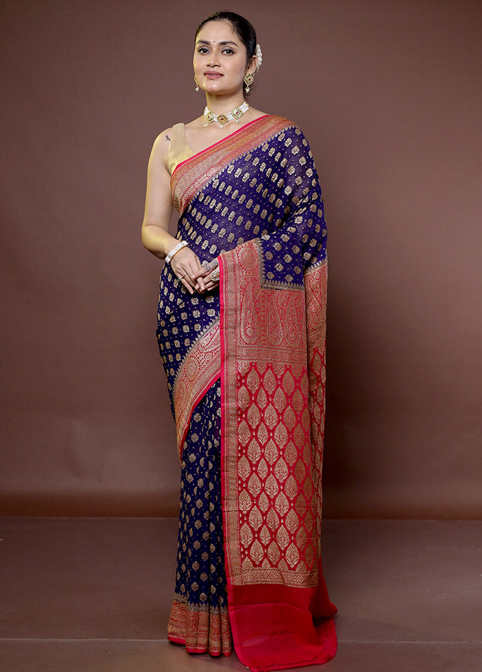 Blue Handloom Pure Georgette Saree With Blouse Piece