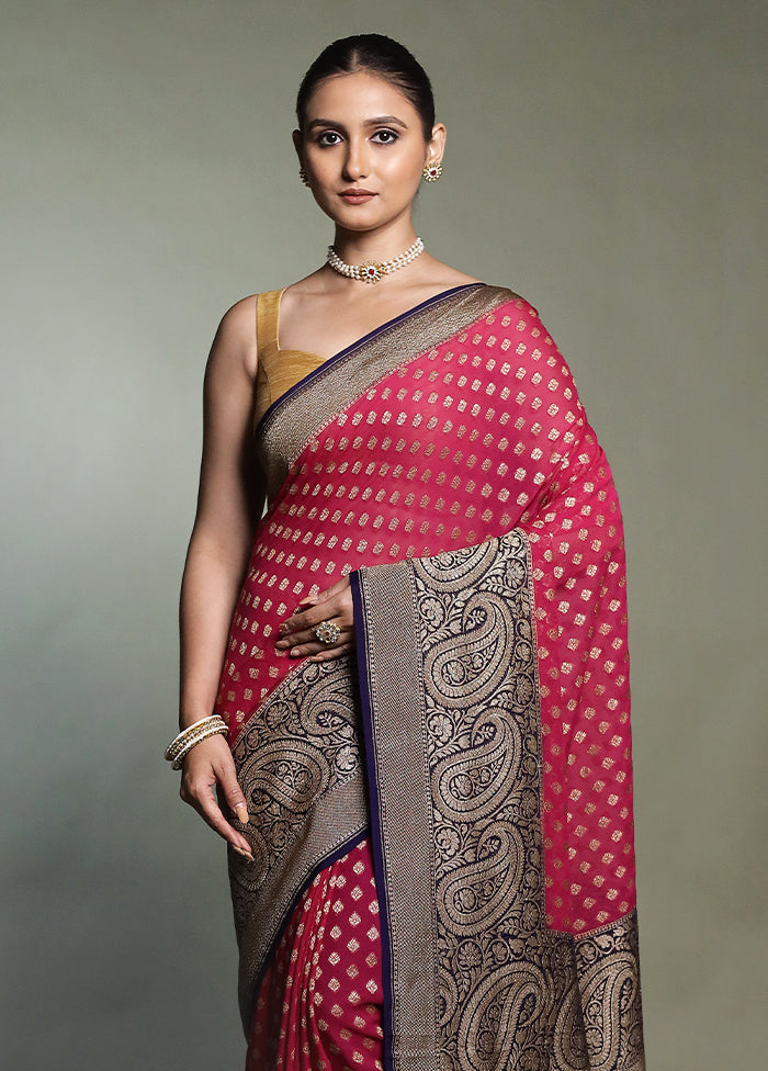 Pink Handloom Pure Georgette Saree With Blouse Piece